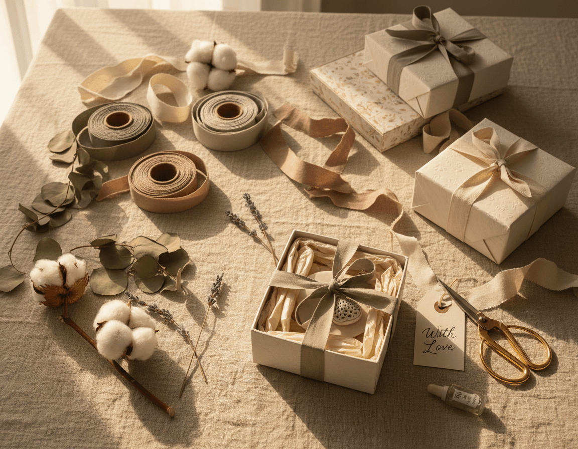 Caroline's studio workspace with gift wrapping materials